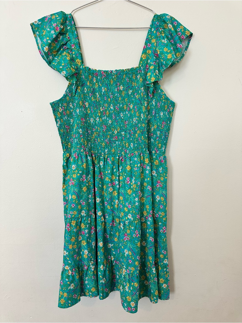 Time and Tru Green Floral Smocked Sundress with Flutter Straps | Size XL